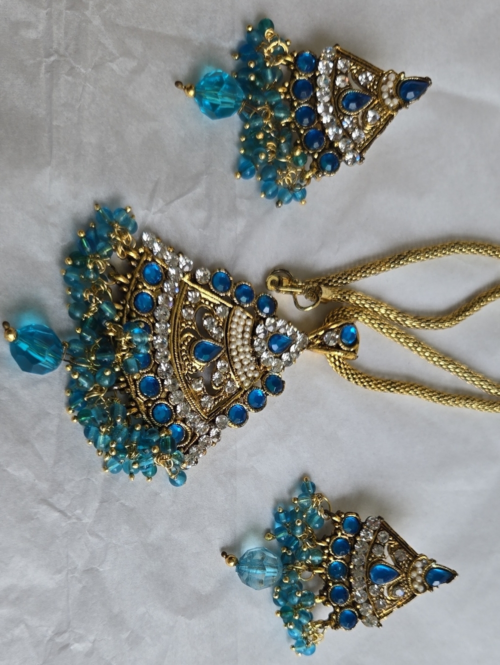 Gold-Tone Blue Crystal Jhumka Necklace Set